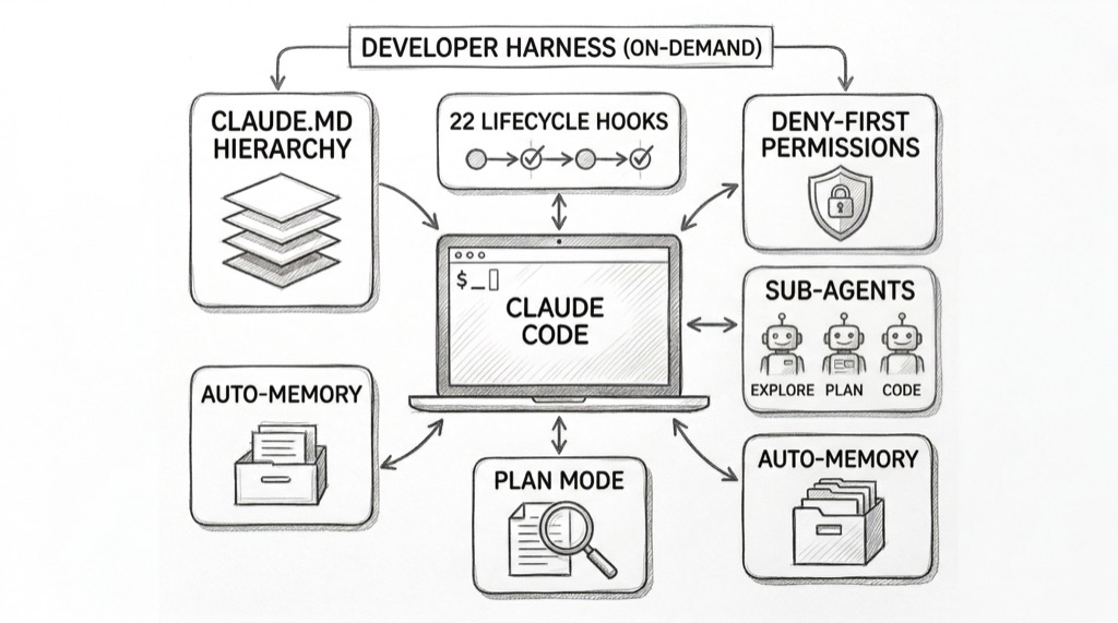 Hand-drawn pencil sketch showing Claude Code's developer harness architecture. A laptop with terminal at center labeled CLAUDE CODE. Six components radiate outward: CLAUDE.MD HIERARCHY (stacked layers), 22 LIFECYCLE HOOKS (chain of checkpoints), DENY-FIRST PERMISSIONS (shield with lock), SUB-AGENTS with Explore/Plan/Code robots, PLAN MODE (magnifying glass over documents), and AUTO-MEMORY (filing cabinet). Title reads DEVELOPER HARNESS (On-Demand).