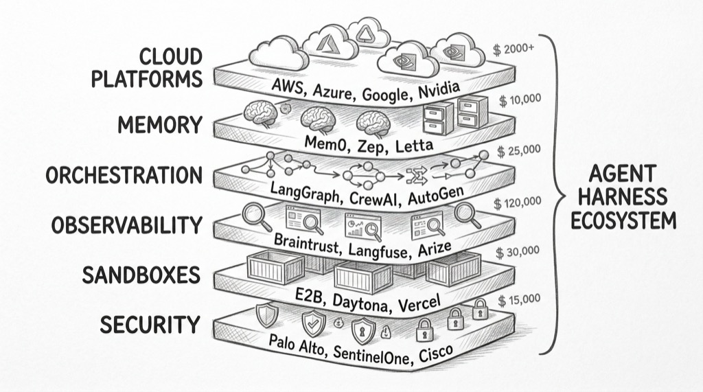 Hand-drawn pencil sketch showing the agent harness industry ecosystem as six stacked horizontal layers. From bottom to top: SECURITY (Palo Alto, SentinelOne, Cisco), SANDBOXES (E2B, Daytona, Vercel), OBSERVABILITY (Braintrust, Langfuse, Arize), ORCHESTRATION (LangGraph, CrewAI, AutoGen), MEMORY (Mem0, Zep, Letta), CLOUD PLATFORMS (AWS, Azure, Google, Nvidia). A bracket on the right reads AGENT HARNESS ECOSYSTEM.