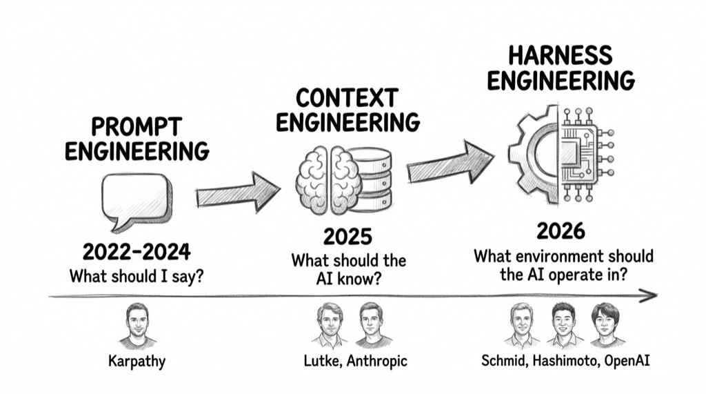 Hand-drawn pencil sketch showing a horizontal evolution timeline with three stages connected by arrows. Left: PROMPT ENGINEERING (2022-2024) with speech bubble icon, subtitle 