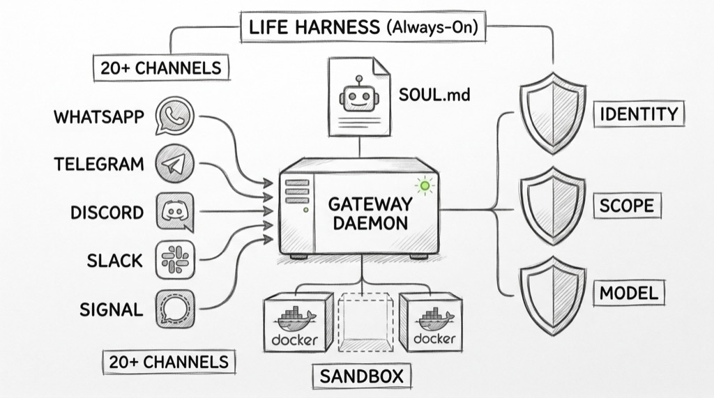 Hand-drawn pencil sketch showing OpenClaw's life harness architecture. A server box at center labeled GATEWAY DAEMON with green status light. On the left: messaging app icons for WhatsApp, Telegram, Discord, Slack, Signal flowing into the gateway, labeled 20+ CHANNELS. On the right: three shields labeled IDENTITY, SCOPE, MODEL representing security layers. Above: SOUL.md document with robot icon. Below: Docker container boxes labeled SANDBOX. Title reads LIFE HARNESS (Always-On).