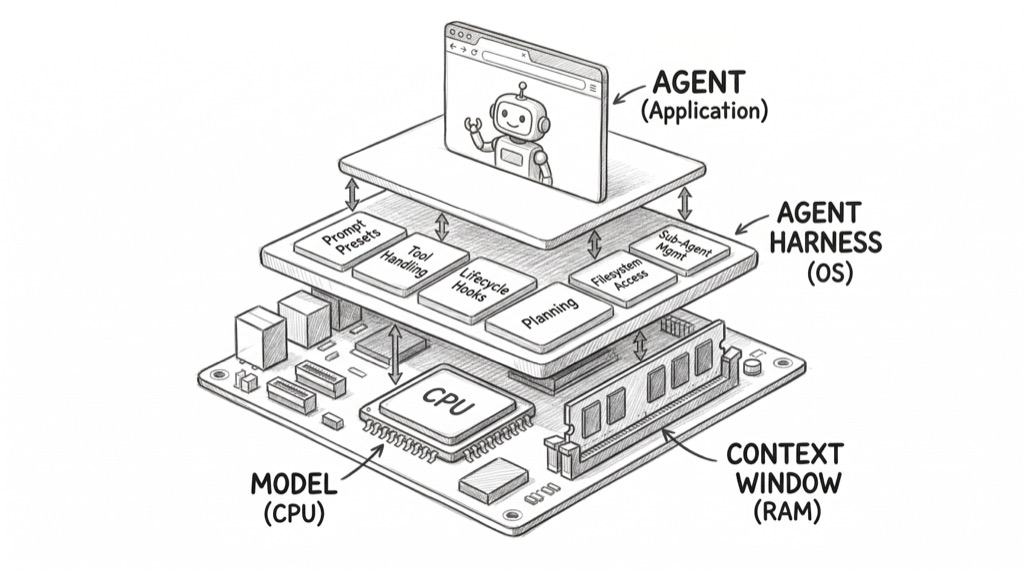 Hand-drawn pencil sketch showing an AI system architecture as a computer motherboard metaphor with four layers. At the bottom: a CPU chip labeled MODEL (CPU) and RAM stick labeled CONTEXT WINDOW (RAM). In the middle: a wide platform labeled AGENT HARNESS (OS) containing six cards for Prompt Presets, Tool Handling, Lifecycle Hooks, Planning, Filesystem Access, and Sub-Agent Management. On top: a browser window with a robot character labeled AGENT (Application). Arrows connect the layers. Inspired by Phil Schmid's original diagram.