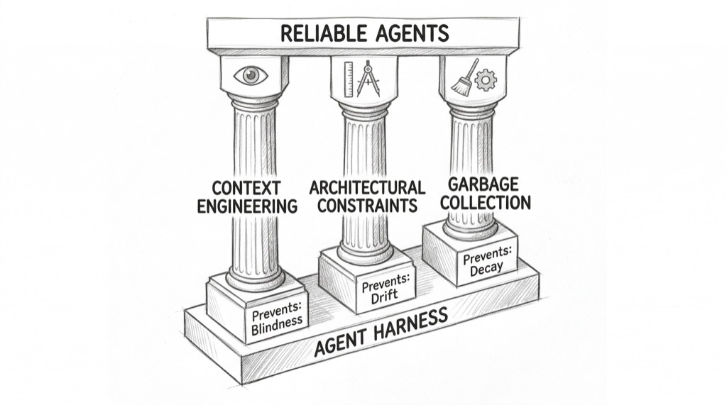 Hand-drawn pencil sketch showing three classical pillars on a shared foundation labeled AGENT HARNESS. Left pillar: CONTEXT ENGINEERING with an eye icon, prevents blindness. Middle pillar: ARCHITECTURAL CONSTRAINTS with a ruler/compass icon, prevents drift. Right pillar: GARBAGE COLLECTION with a broom/gear icon, prevents decay. A horizontal beam across the top reads RELIABLE AGENTS.