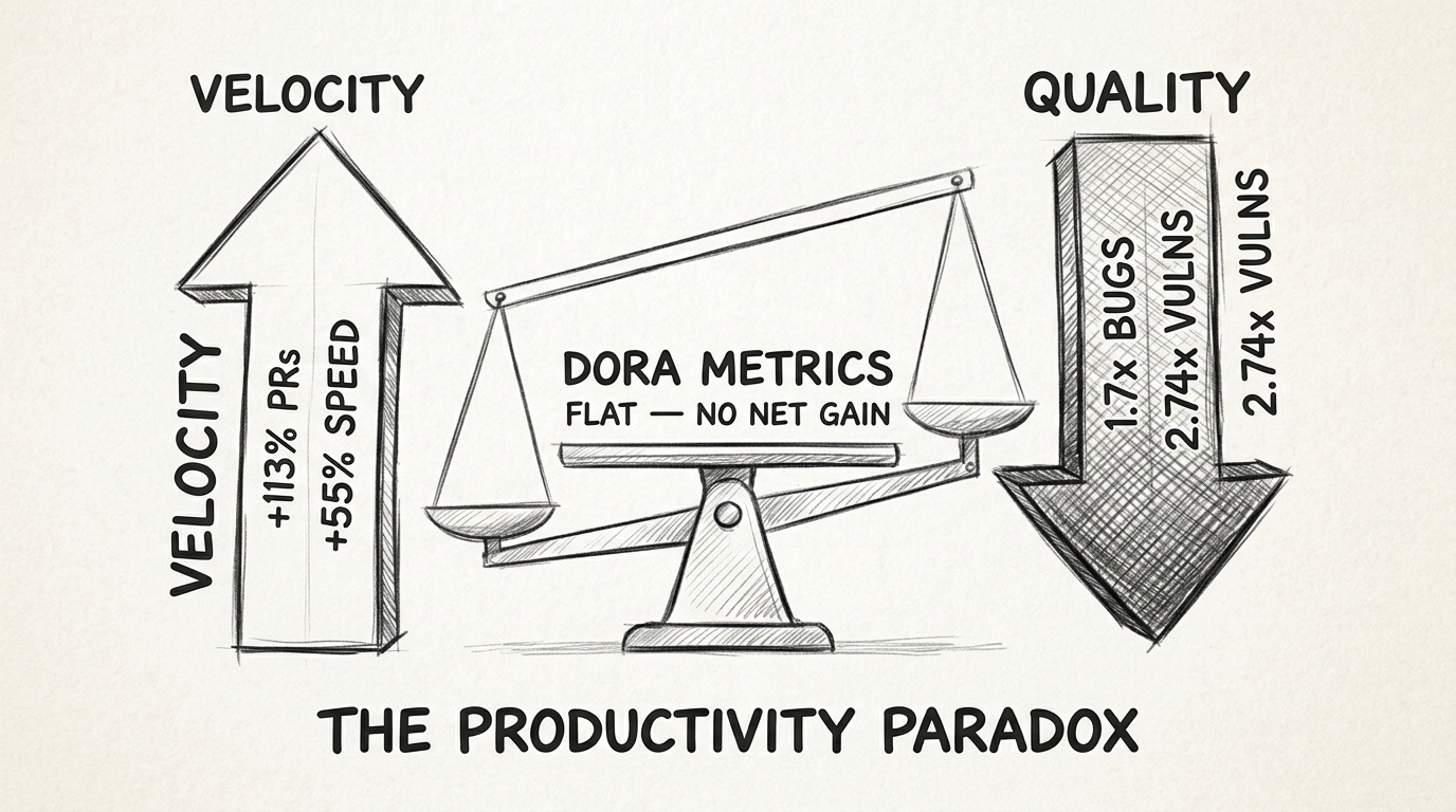 Hand-drawn pencil sketch showing the productivity paradox as a tilted balance scale. On the left, a large upward arrow labeled VELOCITY with +113% PRs and +55% Speed. On the right, a large downward arrow labeled QUALITY with 1.7x Bugs and 2.74x Vulns. In the center, DORA METRICS sits level labeled FLAT — NO NET GAIN.