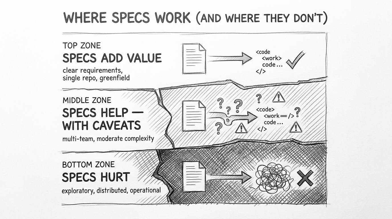 Hand-drawn pencil sketch showing Where Specs Work And Where They Don't as three horizontal terrain zones. Top zone SPECS ADD VALUE drawn with light lines — clear requirements, single repo, greenfield. Middle zone SPECS HELP WITH CAVEATS drawn with medium hatching — multi-team, moderate complexity. Bottom zone SPECS HURT drawn with heavy dense cross-hatching — exploratory, distributed, operational. Jagged fault lines separate the zones.