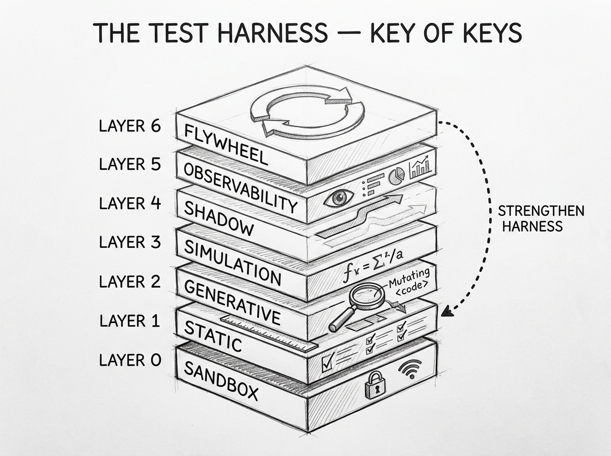 Hand-drawn pencil sketch showing The Test Harness — Key of Keys as a 7-layer stack viewed in isometric 3D. From bottom: Layer 0 SANDBOX (locked box, no wifi), Layer 1 STATIC (ruler, checklist), Layer 2 GENERATIVE (magnifying glass over mutating code), Layer 3 SIMULATION (math formula), Layer 4 SHADOW (parallel paths), Layer 5 OBSERVABILITY (eye watching metrics), Layer 6 FLYWHEEL (circular arrow). A dotted arrow loops from top back to Layer 1 labeled STRENGTHEN HARNESS.