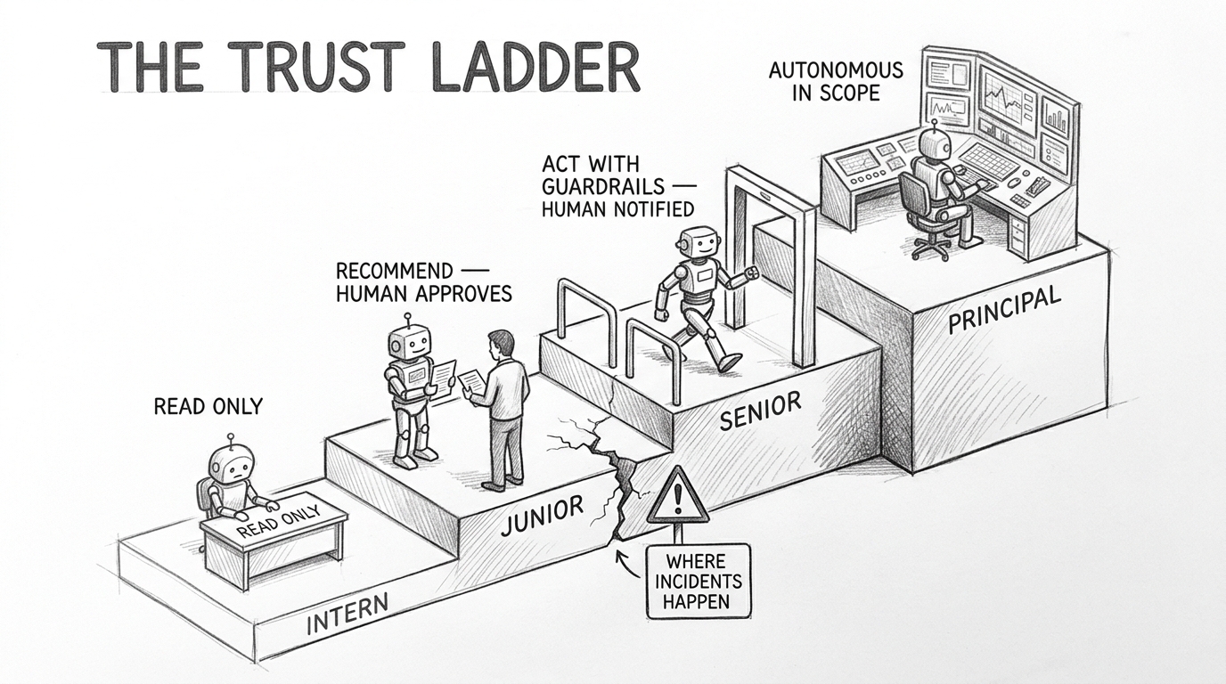 Hand-drawn pencil sketch showing The Trust Ladder — a 4-step staircase with robots at each level. Step 1 INTERN: small robot behind a desk marked READ ONLY. Step 2 JUNIOR: robot holding document for human review. Step 3 SENIOR: robot walking through guardrails. Step 4 PRINCIPAL: robot at command center with monitoring screens. A crack between Junior and Senior is labeled WHERE INCIDENTS HAPPEN.