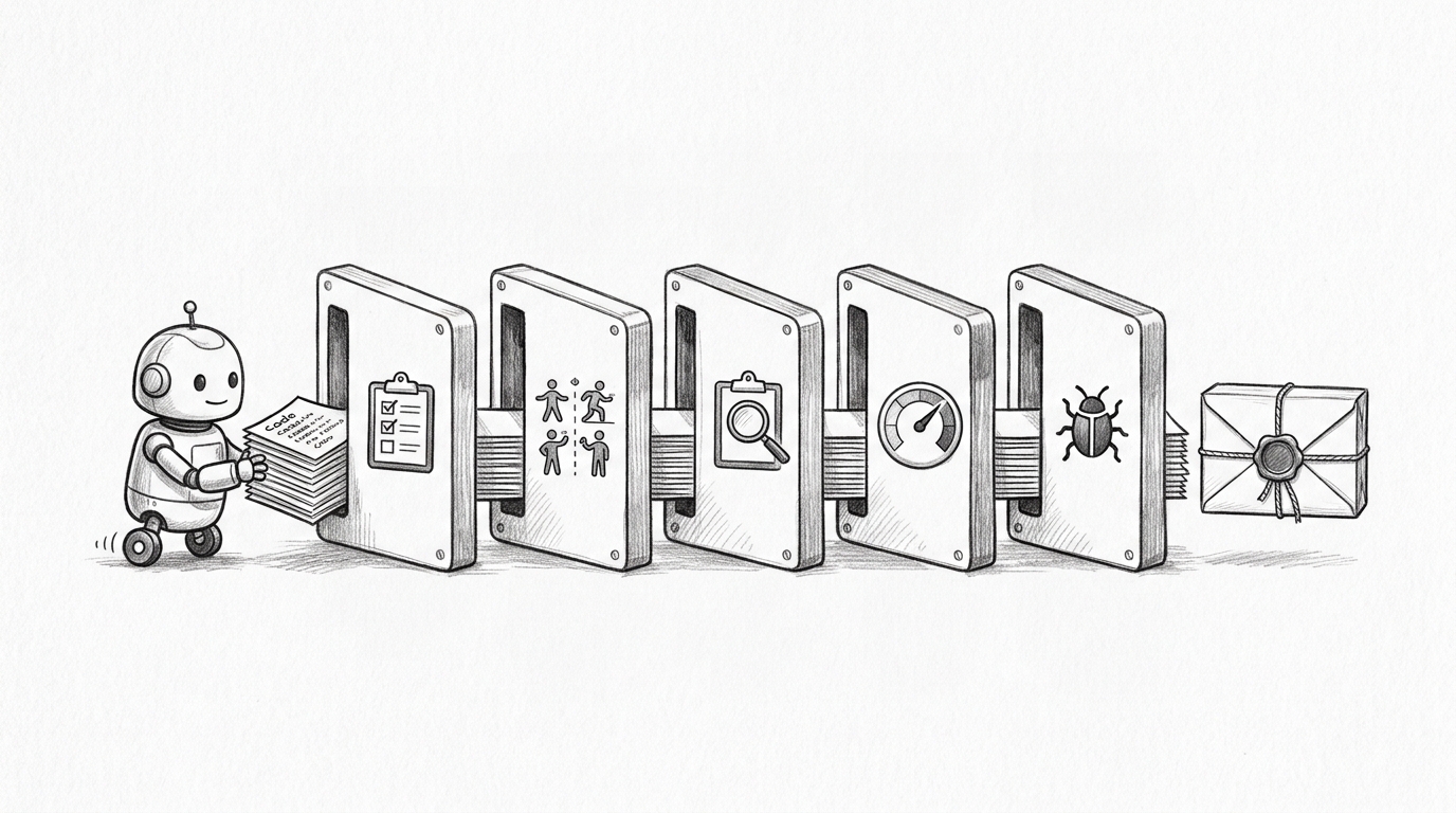 Black and white pencil schematic of a small robot pushing a bundle through gates represented by a checklist, behavior examples, QA clipboard, metrics gauge, and mutation bug trap.