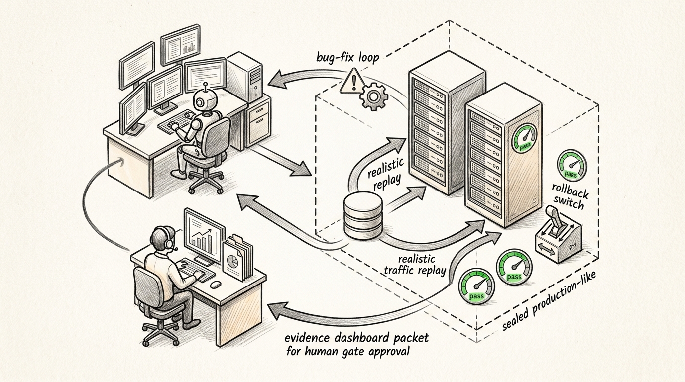 Black and white pencil schematic of an agent deploying to an isolated production-like environment, replaying realistic traffic, observing gauges, looping fixes back into the agent, and sending an evidence packet to a human review desk.