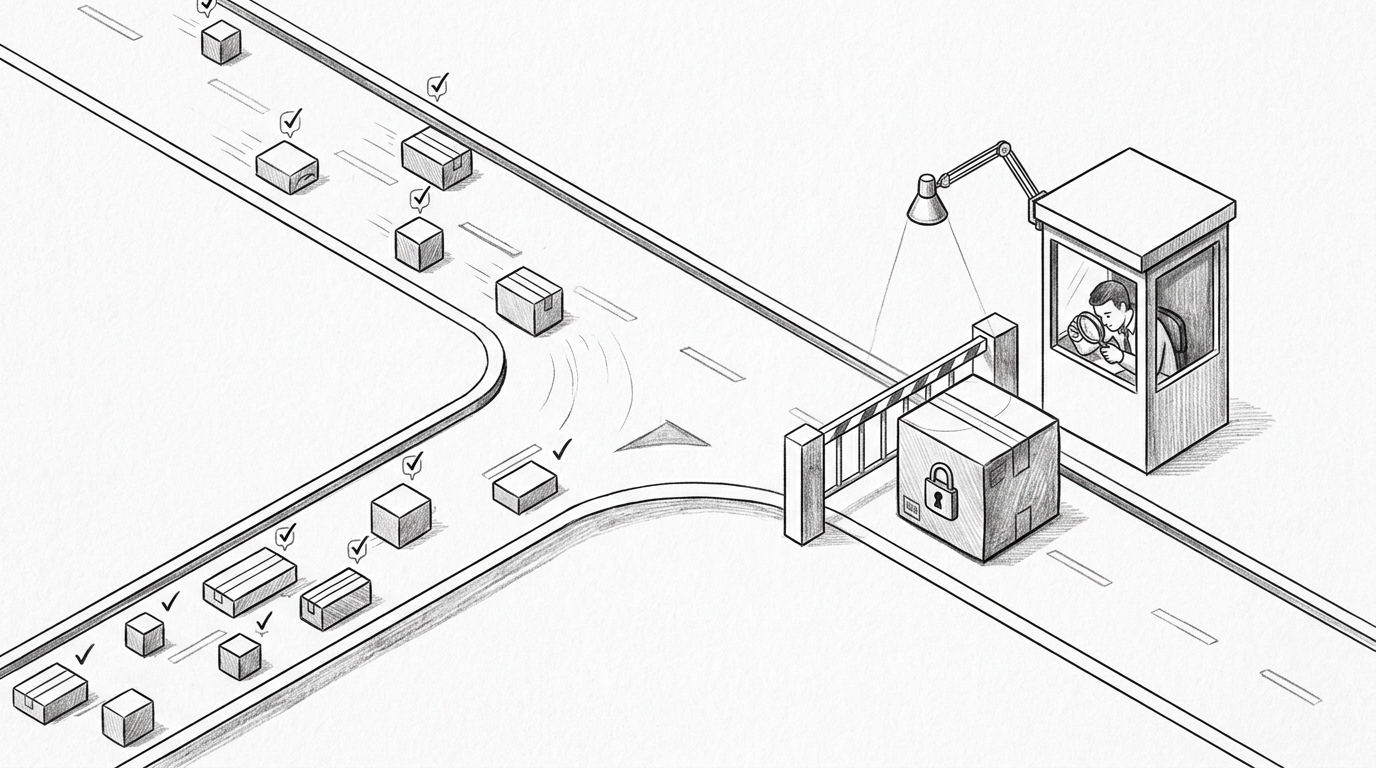 Black and white pencil illustration of one tired senior engineer facing a conveyor belt full of agent-generated pull request bundles coming from a robot workshop.