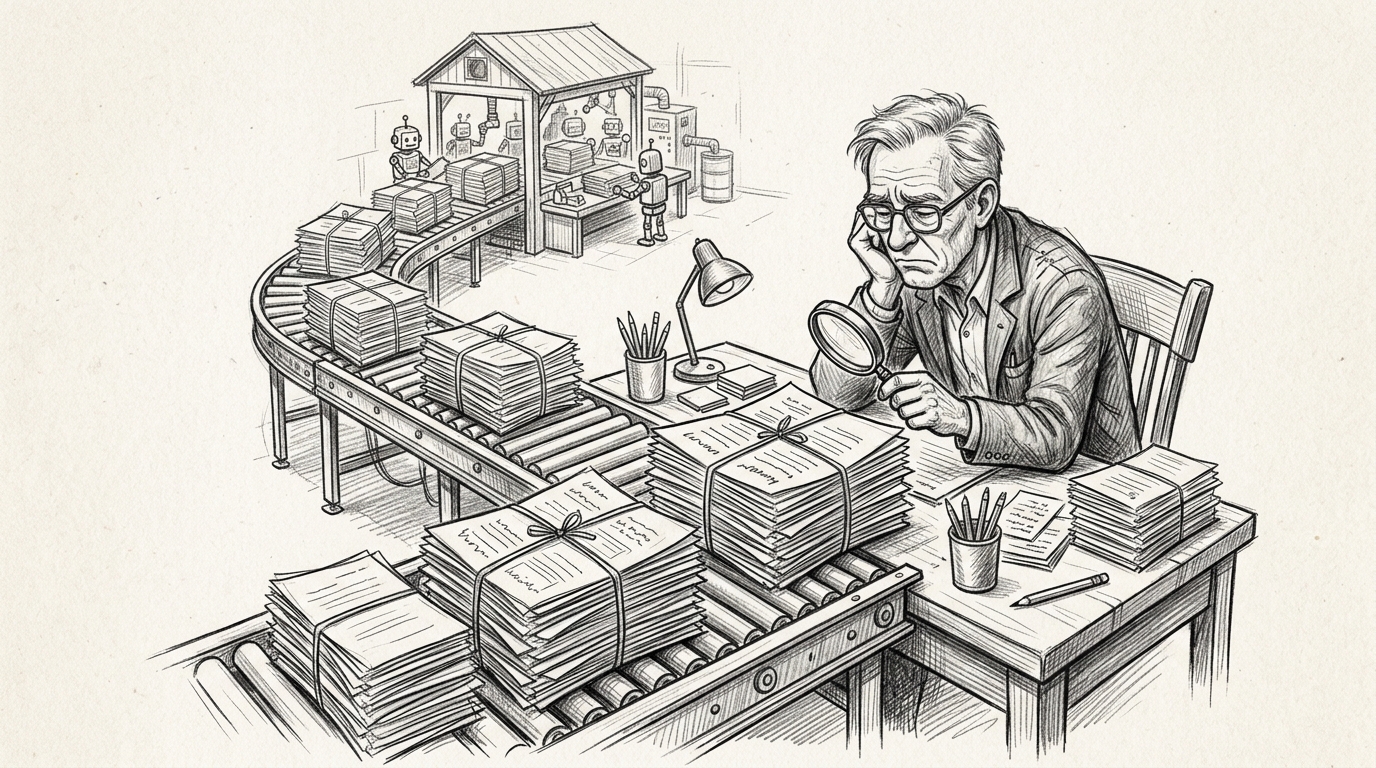 Black and white pencil illustration of a split road with small low-risk code parcels moving through an automated lane and a larger locked parcel stopped at a guarded human review booth.