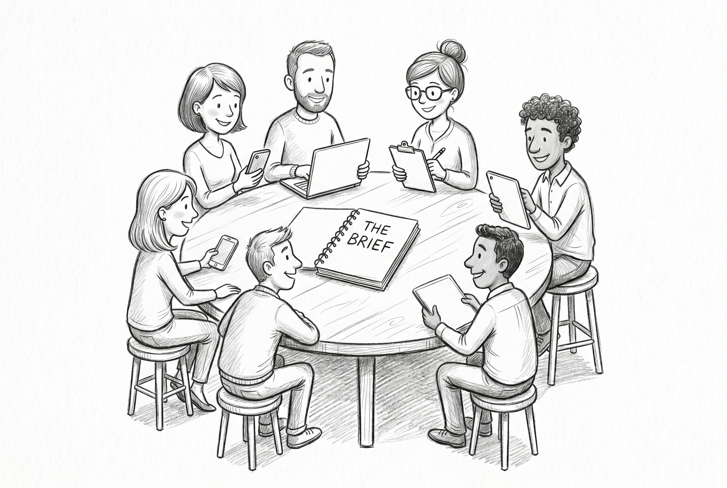 Hand-drawn pencil sketch of six stylized human figures seated around a round wooden table. Each figure holds a different device — smartphone, laptop, tablet, clipboard, paper folder, desktop monitor. In the center of the table sits a single open notebook with hand-lettered text on the page reading 'THE BRIEF'. All six figures lean slightly toward the notebook. Soft graphite hatching, paper grain background, grayscale only.