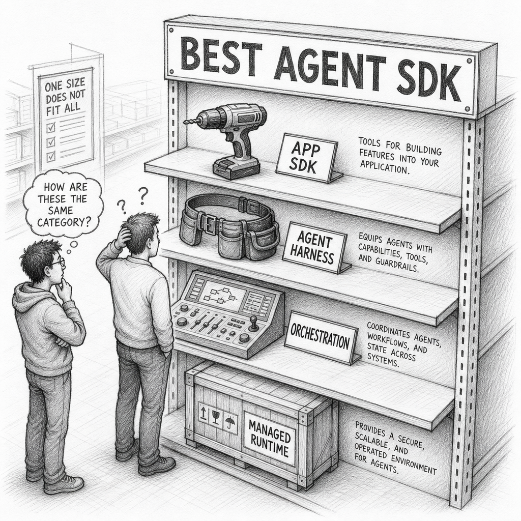 Hand-drawn pencil sketch of a store aisle labeled BEST AGENT SDK. On the shelves are a drill labeled APP SDK, a control console labeled ORCHESTRATION, a sealed appliance labeled MANAGED RUNTIME, and a tool belt labeled AGENT HARNESS. Two engineers stand in front of the shelf looking confused because the items clearly solve different problems. Black-and-white pencil style, warm but technical.