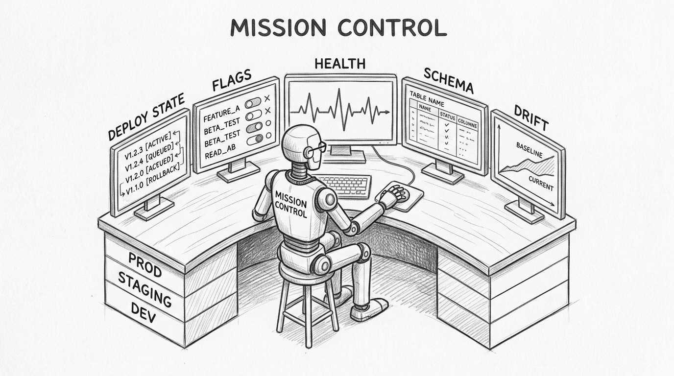 Hand-drawn pencil sketch showing a robot at a mission control desk with five monitor screens in a semicircle. Screens labeled DEPLOY STATE, FLAGS, HEALTH, SCHEMA, DRIFT. Below the desk, three environment layers visible: DEV, STAGING, PROD. Title at top: MISSION CONTROL.