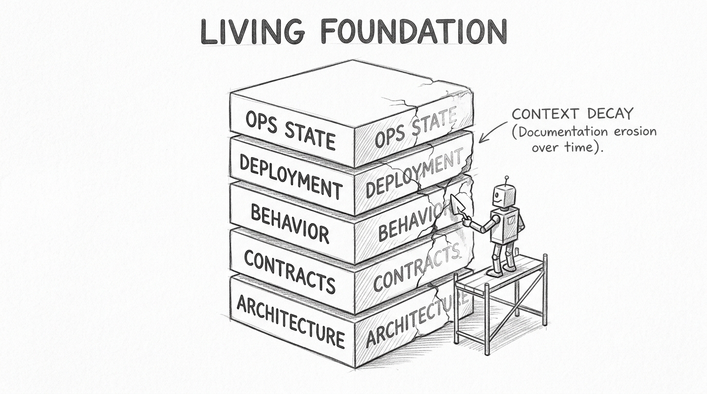 Hand-drawn pencil sketch showing a vertical stack of five foundation blocks labeled ARCHITECTURE, CONTRACTS, BEHAVIOR, DEPLOYMENT, OPS STATE. The left side is solid and well-maintained. The right side shows cracks and erosion representing context decay. A small robot figure maintains the blocks. Title at top: LIVING FOUNDATION.