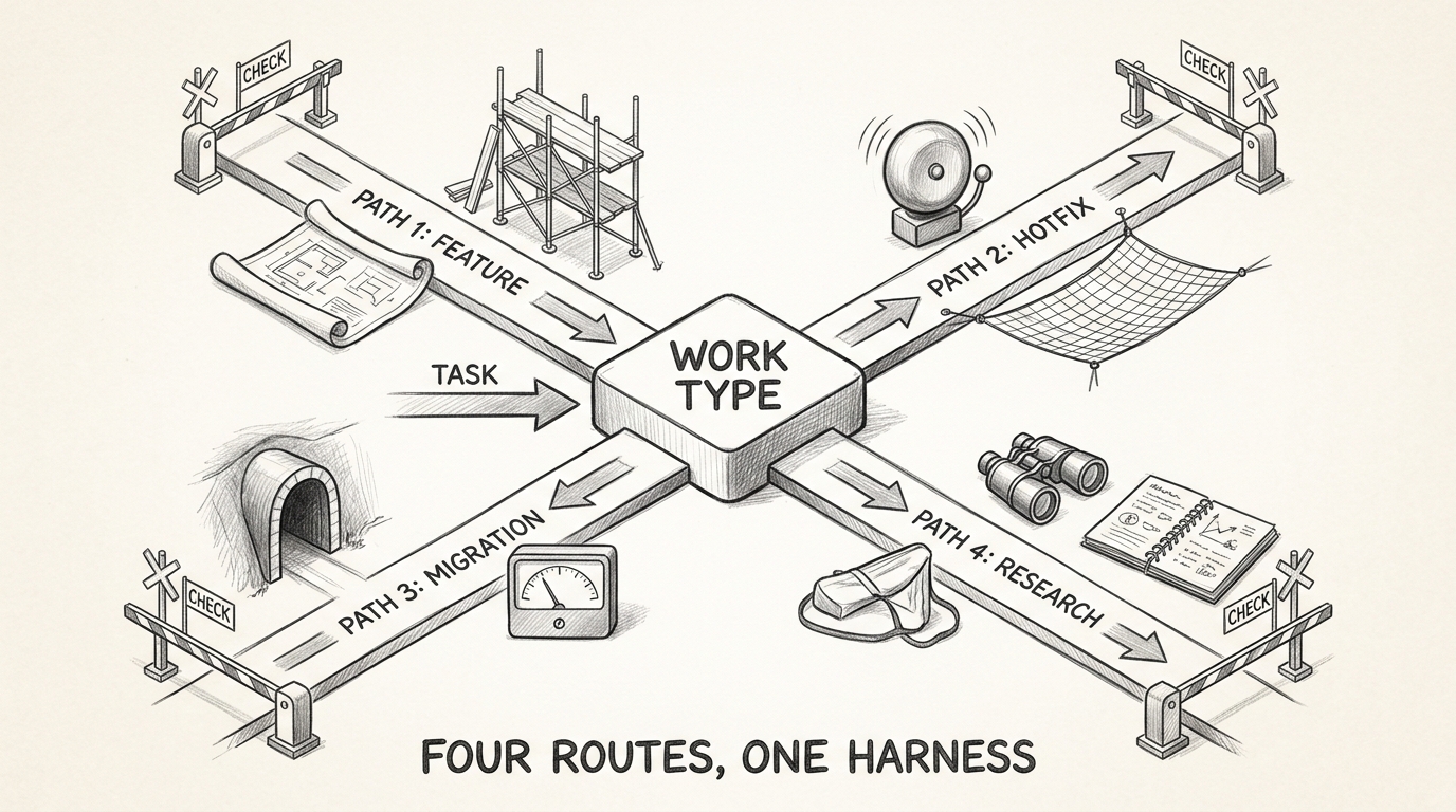 Hand-drawn pencil sketch showing a central router directing four distinct paths. FEATURE path has a blueprint and scaffolding. HOTFIX path has an alarm bell and safety net. MIGRATION path has a tunnel and testing gauge. RESEARCH path has binoculars and a notebook. Each path ends at a labeled verification gate. Title at bottom: FOUR ROUTES, ONE HARNESS.