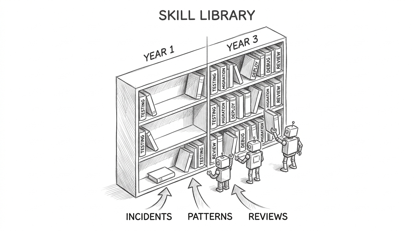 Hand-drawn pencil sketch showing a growing library bookshelf. Left side sparse labeled YEAR 1, right side overflowing labeled YEAR 3. Book spines labeled TESTING, MIGRATION, DEPLOY, DEBUG. Arrows flow up from INCIDENTS and PATTERNS into new books. Multiple robot figures from different teams reach toward shared shelves. Title at top: SKILL LIBRARY.