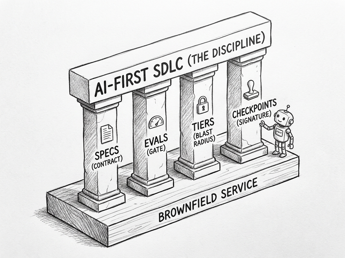 Hand-drawn pencil sketch in 3D isometric perspective. A horizontal beam labeled AI-FIRST SDLC (THE DISCIPLINE) rests on four stone pillars on a wooden platform labeled BROWNFIELD SERVICE. From left to right the pillars carry icons and labels: a document icon SPECS (CONTRACT), a gauge icon EVALS (GATE), a lock icon TIERS (BLAST RADIUS), and a stamp icon CHECKPOINTS (SIGNATURE). A small friendly robot character stands beside the rightmost pillar.