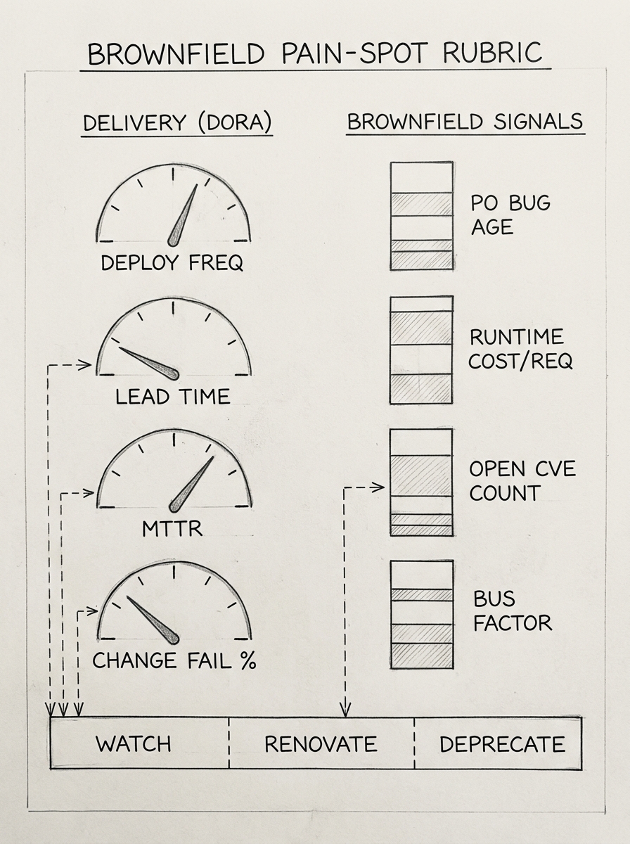 Hand-drawn pencil schematic titled BROWNFIELD PAIN-SPOT RUBRIC. Left column labeled DELIVERY (DORA) shows four semi-circular gauges for DEPLOY FREQ, LEAD TIME, MTTR, and CHANGE FAIL %. Right column labeled BROWNFIELD SIGNALS shows four stacked-bar boxes for P0 BUG AGE, RUNTIME COST/REQ, OPEN CVE COUNT, and BUS FACTOR. A horizontal threshold band across the bottom is split into three regions: WATCH, RENOVATE, DEPRECATE. Dashed arrows route gauge readings into the band.