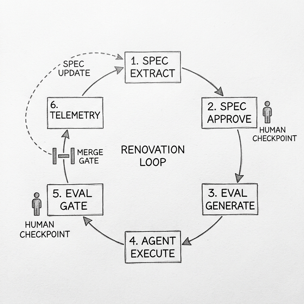 Hand-drawn pencil schematic of a six-step renovation cycle. Six numbered boxes arranged in a clockwise loop labeled RENOVATION LOOP in the center: 1. SPEC EXTRACT, 2. SPEC APPROVE, 3. EVAL GENERATE, 4. AGENT EXECUTE, 5. EVAL GATE, 6. TELEMETRY. A small gate icon between stages 5 and 6 is labeled MERGE GATE. A dashed feedback arrow loops from stage 6 back to stage 1 labeled SPEC UPDATE. Two small human-figure icons next to stages 2 and 5 are labeled HUMAN CHECKPOINT.