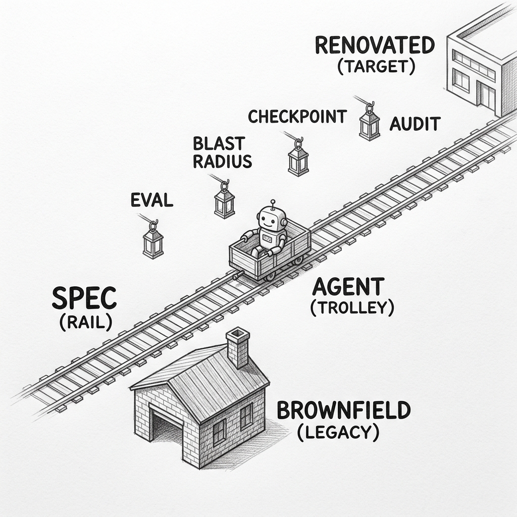 Hand-drawn pencil sketch in 3D isometric perspective. A railroad track stretches from a small brick workshop labeled BROWNFIELD (LEGACY) in the foreground to a clean modern building labeled RENOVATED (TARGET) in the distance. The rail itself is labeled SPEC (RAIL). A small wooden trolley with a friendly robot character rides the rail and is labeled AGENT (TROLLEY). Four small lantern signals hang above the track labeled EVAL, BLAST RADIUS, CHECKPOINT, and AUDIT.