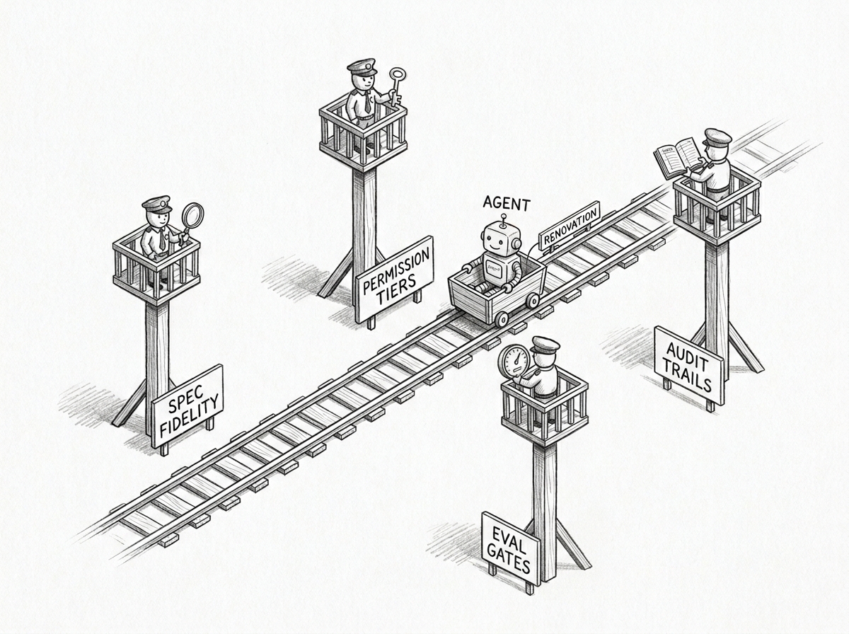 Hand-drawn pencil sketch in 3D isometric perspective. A wooden rail line runs diagonally across the canvas with a small wooden trolley carrying a friendly robot labeled AGENT. Four tall watchtowers stand along both sides of the rail, each with an attentive guard character holding a different instrument. From left to right the watchtower labels read SPEC FIDELITY (guard with magnifying glass), PERMISSION TIERS (guard with key), EVAL GATES (guard with gauge), and AUDIT TRAILS (guard with open ledger book). The rail itself carries a small RENOVATION label.