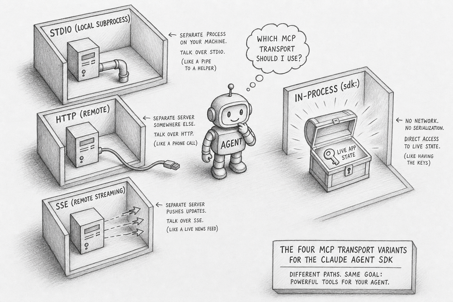 Hand-drawn pencil sketch in isometric perspective showing four rooms. Three rooms are separated from the agent by thick walls labeled SUBPROCESS, HTTP, SSE — each contains a small server figure. The fourth room shares its floor with the agent and contains a closure with a key labeled IN-PROCESS holding live application state.