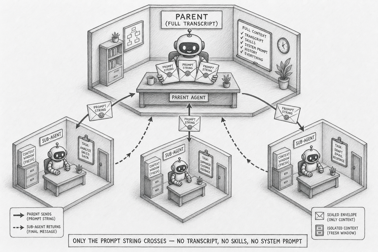 Hand-drawn pencil sketch in isometric perspective showing a parent agent at a desk handing sealed task envelopes labeled PROMPT to three sub-agents standing in separate offices. Each sub-agent's office has its own filing cabinet labeled CONTEXT WINDOW. Each returns a single sealed report envelope back to the parent.
