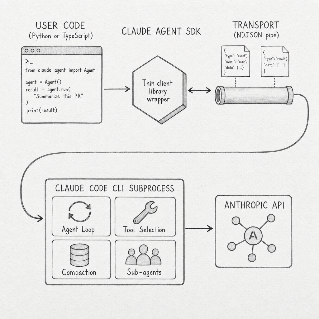 Hand-drawn pencil schematic showing the thin-client architecture. User code in Python or TypeScript holds the SDK library, which routes through a newline-delimited JSON transport pipe to a subprocess running the Claude Code CLI binary. The CLI subprocess holds the agent loop and talks to the Anthropic API.