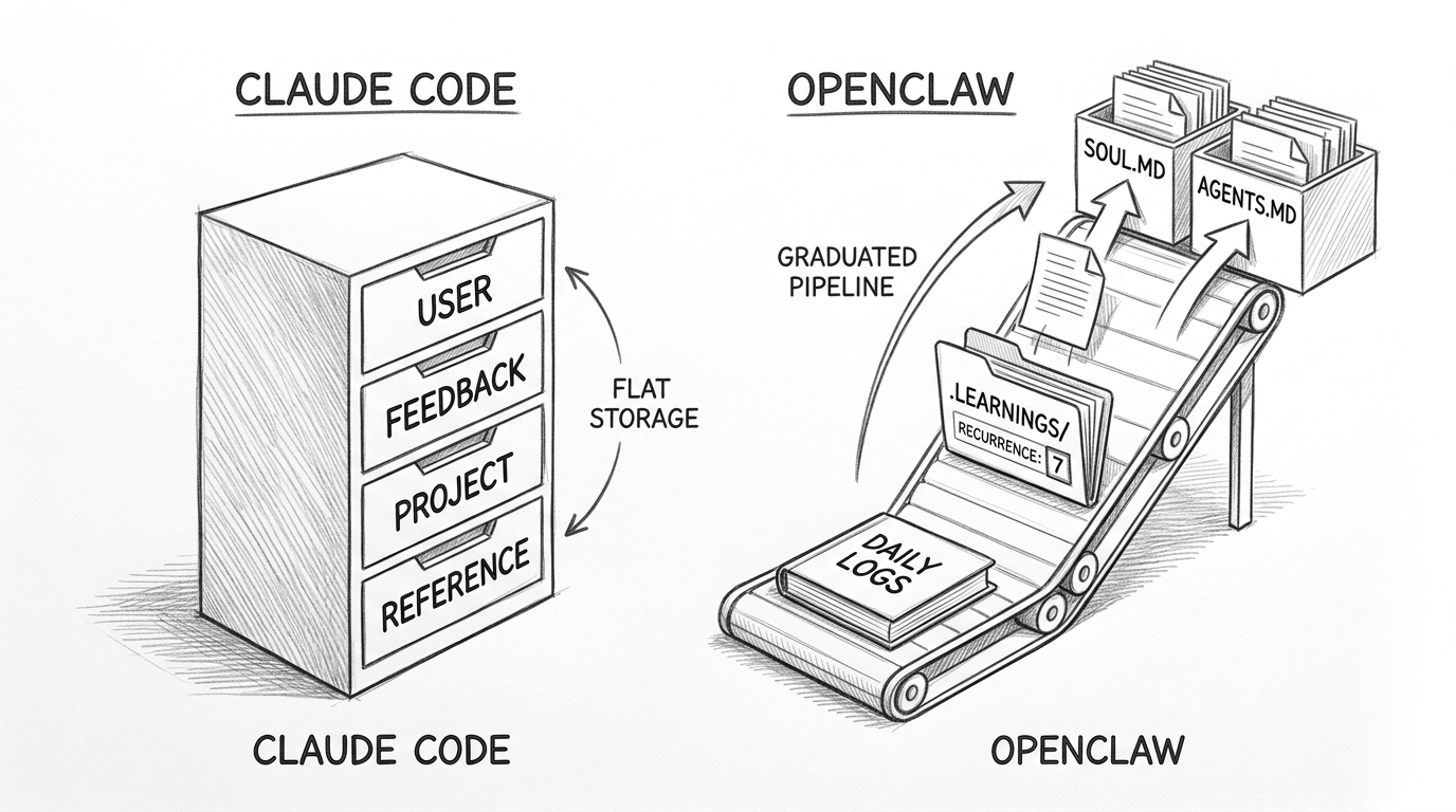 Hand-drawn pencil sketch comparing two memory systems side by side. Left: Claude Code shown as a flat filing cabinet with four equal drawers labeled User, Feedback, Project, Reference, and an arrow pointing to it saying 