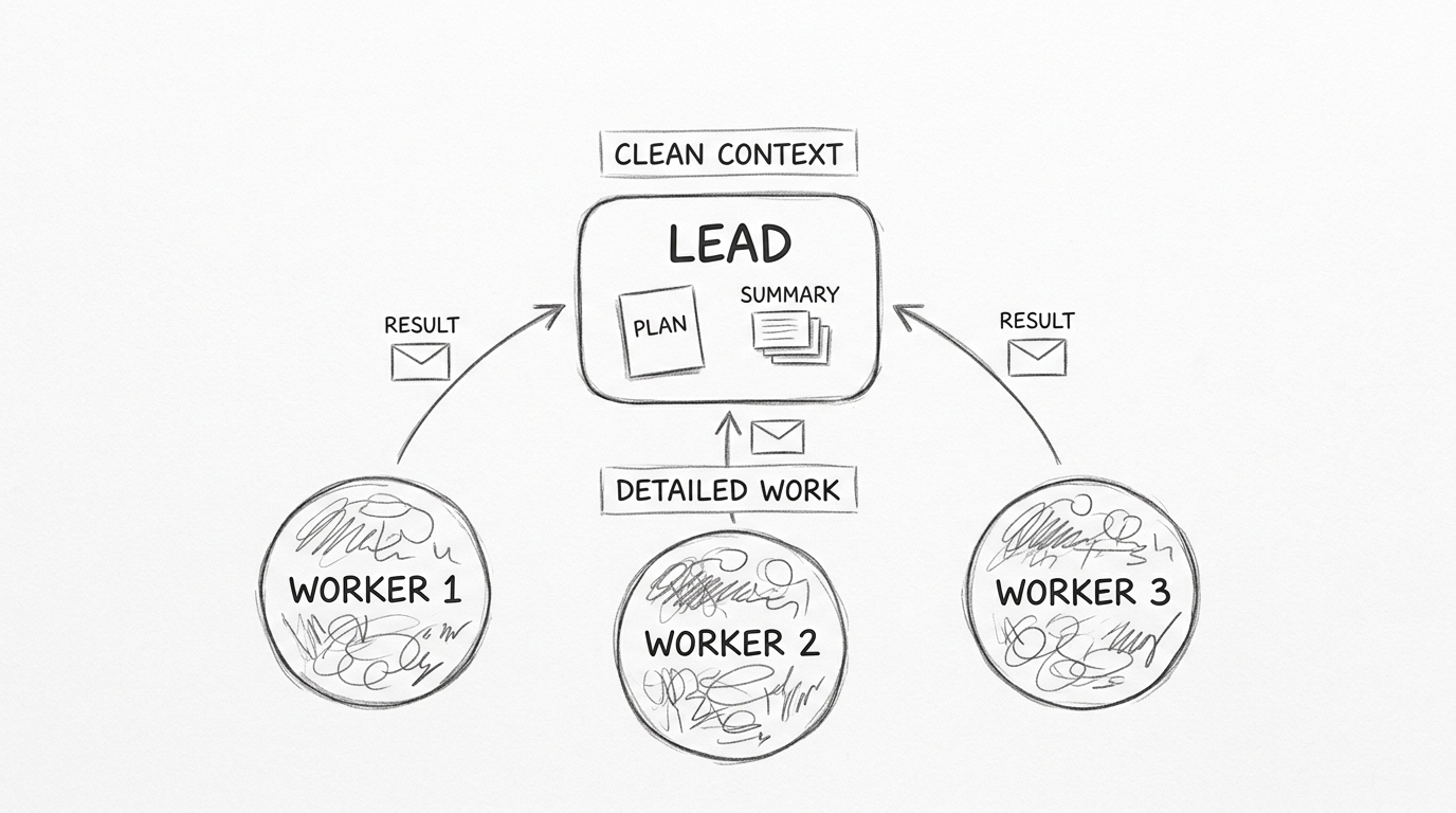 Hand-drawn pencil sketch showing the clean lead pattern. A central rounded rectangle labeled LEAD contains only a PLAN card and SUMMARY cards, with CLEAN CONTEXT above it. Three circles labeled WORKER 1, 2, 3 surround it, filled with scribbled lines representing messy detailed work, with DETAILED WORK above them. Curved arrows carry RESULT envelopes from workers to lead.