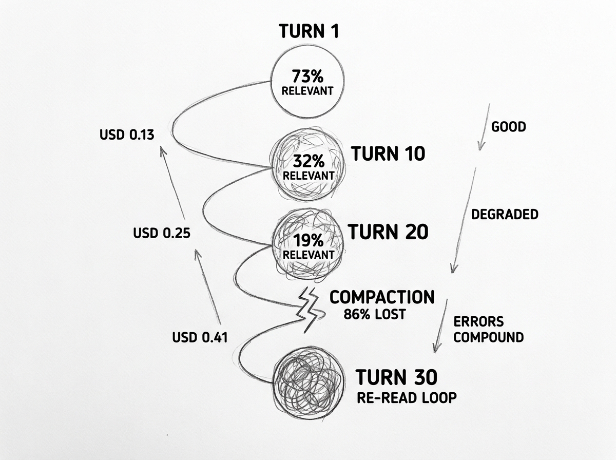 Hand-drawn pencil sketch showing a downward spiral of degradation. At the top, TURN 1 with a clean circle showing 73% RELEVANT. The spiral descends through increasingly messy circles: TURN 10 at 32% RELEVANT, TURN 20 at 19% RELEVANT, a jagged COMPACTION break showing 86% LOST, and TURN 30 as a scribbled mess labeled RE-READ LOOP. Cost labels escalate on the left. Quality labels degrade on the right.