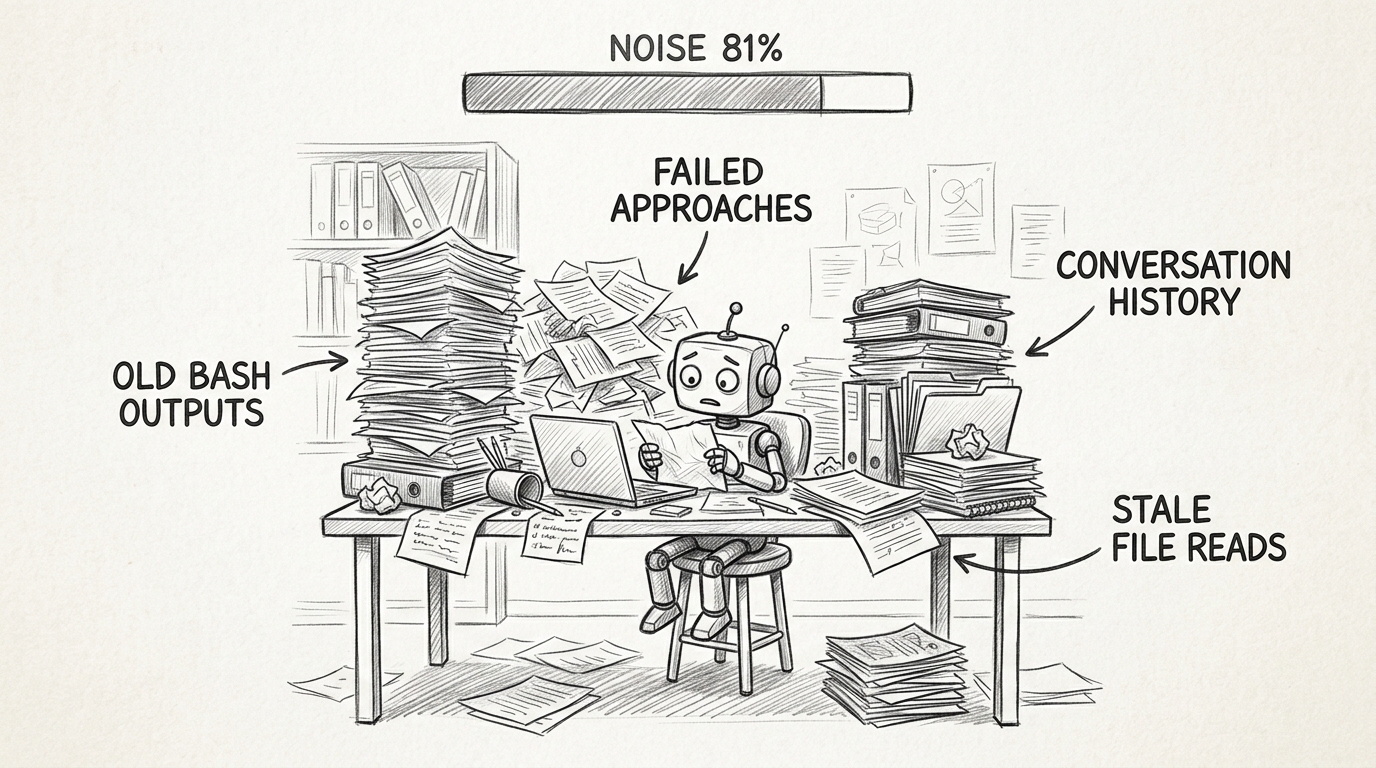 Hand-drawn pencil sketch showing a desk overflowing with papers, sticky notes, and open books representing context pollution. A robot sits at the desk looking overwhelmed. Labels identify STALE FILE READS, OLD BASH OUTPUTS, FAILED APPROACHES, and CONVERSATION HISTORY piling up.