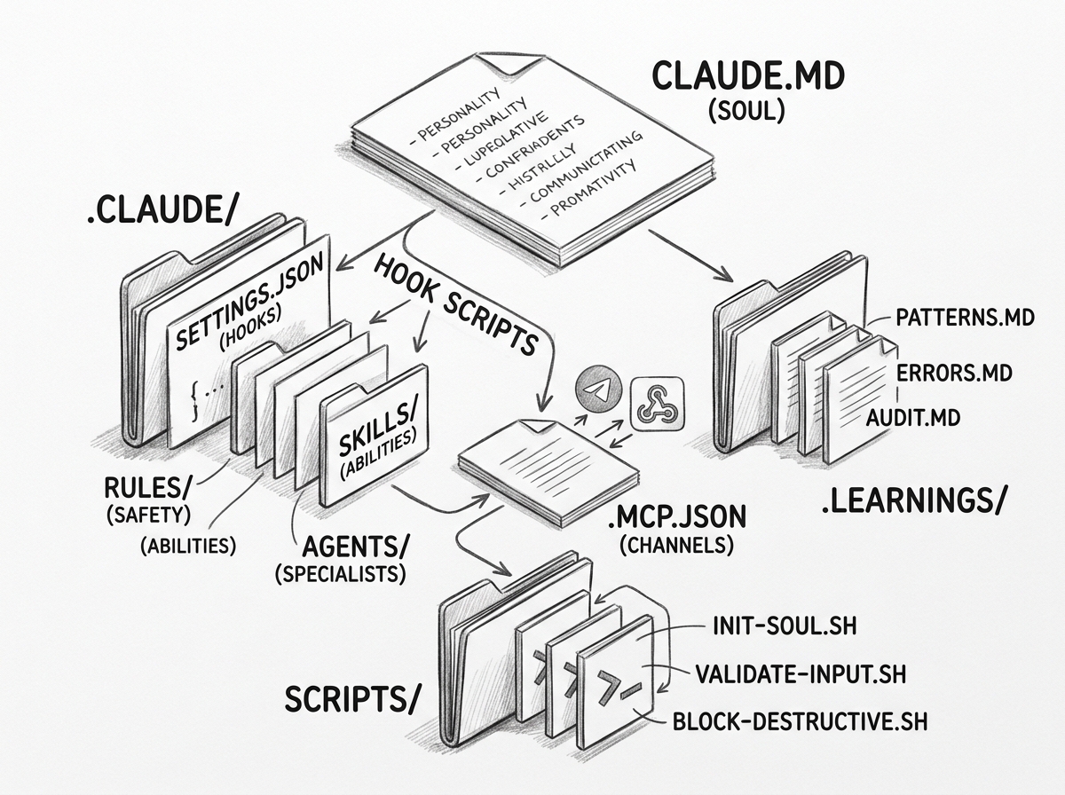 Hand-drawn pencil sketch of an isometric project architecture diagram. At the top, a CLAUDE.MD document labeled SOUL contains personality traits. Below left, a .CLAUDE/ folder contains SETTINGS.JSON with hooks, RULES/ for safety, SKILLS/ for abilities, and AGENTS/ for specialists. Center, .MCP.JSON labeled CHANNELS connects to Telegram and webhook icons. Right, a .LEARNINGS/ folder holds PATTERNS.MD, ERRORS.MD, and AUDIT.MD. Bottom, a SCRIPTS/ folder contains INIT-SOUL.SH, VALIDATE-INPUT.SH, and BLOCK-DESTRUCTIVE.SH. Arrows show data flow between all components.