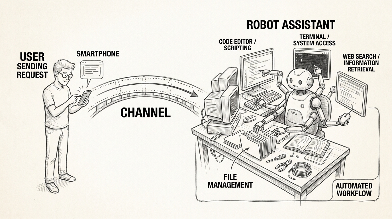 Hand-drawn pencil sketch showing a person sending a message from their smartphone on the left. A bridge labeled CHANNEL connects the phone to a robot assistant at a desk on the right. The robot has multiple screens and tools spread around it, handling code editing, terminal access, web search, file management, and automated workflows simultaneously.