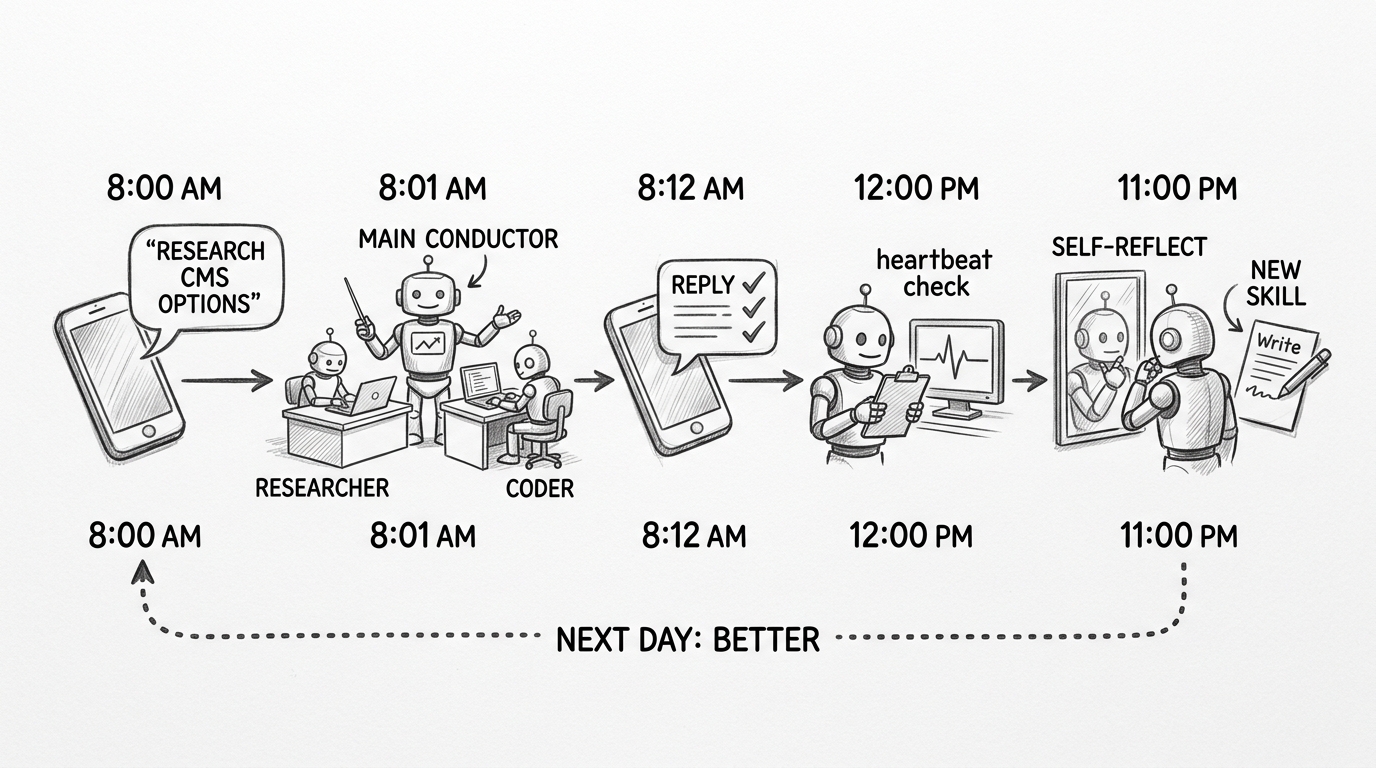 Hand-drawn pencil sketch timeline showing a day in the life of an autonomous agent. At 8:00 AM a smartphone sends 