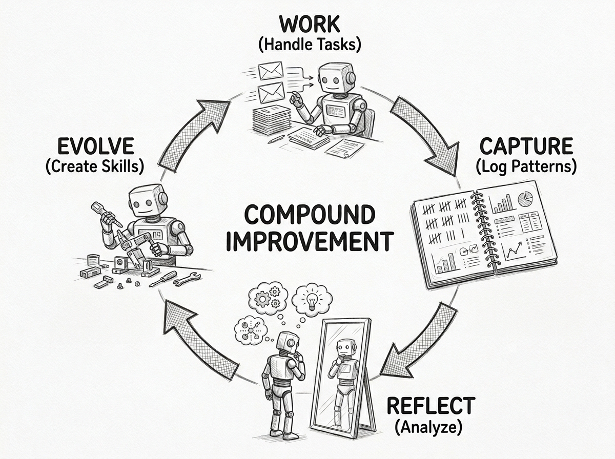 Hand-drawn pencil sketch of a circular improvement loop. Four stations around the circle: WORK at the top showing a robot processing messages, CAPTURE on the right showing a notebook with tally marks, REFLECT at the bottom showing a robot looking at itself in a mirror, and EVOLVE on the left showing a robot building a new tool. Curved arrows connect them clockwise. In the center: COMPOUND IMPROVEMENT.