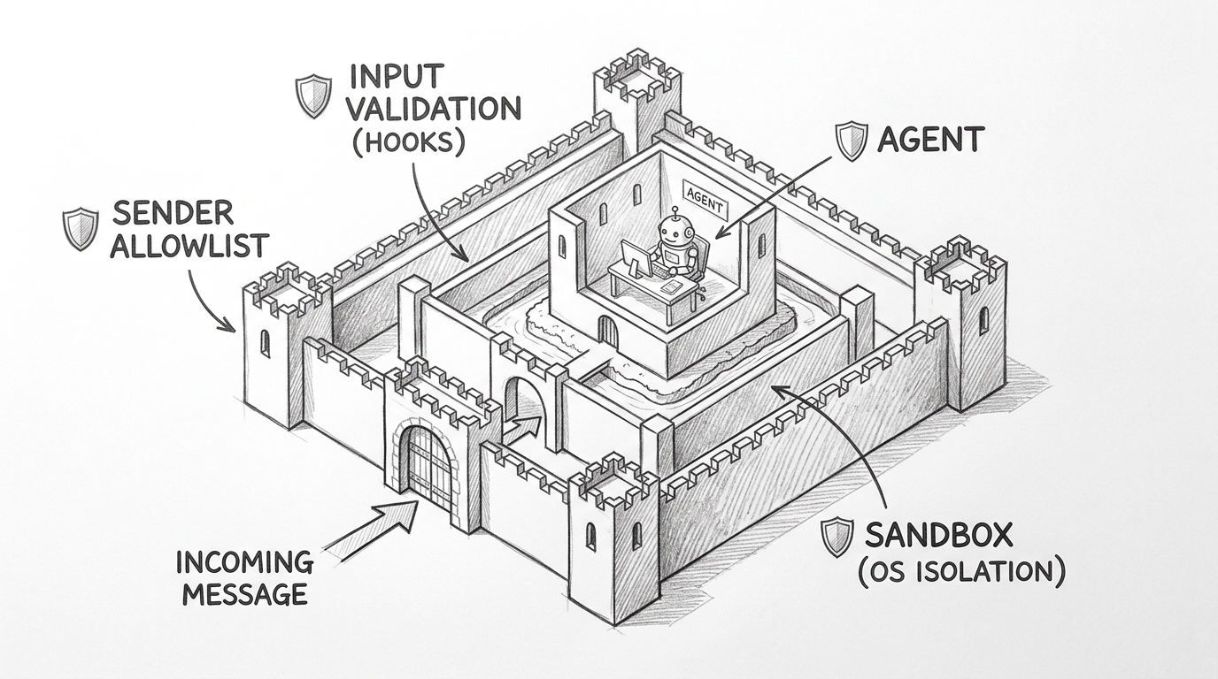 Hand-drawn pencil sketch of a medieval castle cross-section showing defense layers for an autonomous agent. The outermost wall is labeled SENDER ALLOWLIST with a gate. The second wall is labeled INPUT VALIDATION with HOOKS in parentheses. Inside, a moat is labeled SANDBOX with OS ISOLATION in parentheses. In the innermost keep, a friendly robot works at a desk labeled AGENT. An arrow from outside labeled INCOMING MESSAGE passes through each defense gate.