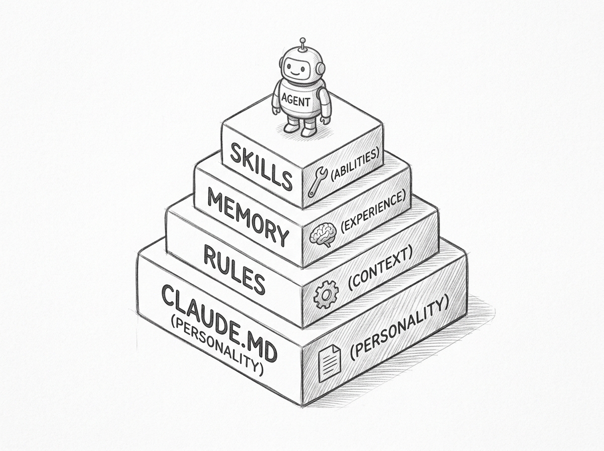 Hand-drawn pencil sketch of a layered cake diagram showing an agent's identity stack from bottom to top. The bottom thick layer is labeled CLAUDE.MD with PERSONALITY in parentheses. Above it: RULES with CONTEXT in parentheses, MEMORY with EXPERIENCE in parentheses, SKILLS with ABILITIES in parentheses. On top stands a small friendly robot labeled AGENT. Each layer has a small icon: a document, a gear, a brain, and a wrench respectively.