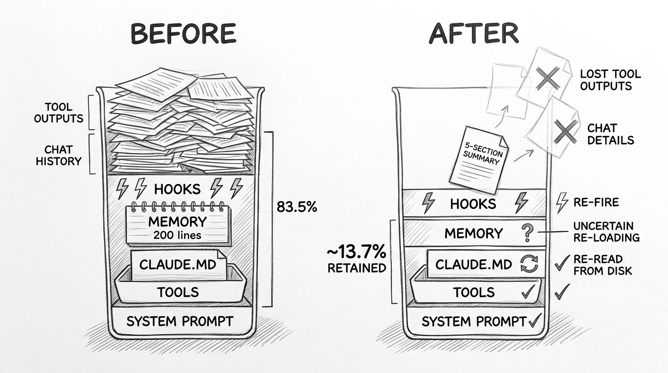 Hand-drawn pencil sketch showing before and after compaction. Left side shows a container at 83.5% full with tool outputs and chat history piled on top of system prompt, tools, CLAUDE.md, memory, and hooks layers. Right side shows the same container after compaction: system prompt and tools survive with checkmarks, CLAUDE.md re-read from disk with refresh arrow, memory shows a question mark for uncertain re-loading, hooks re-fire with lightning bolts. Lost tool outputs and chat details float away as ghost outlines. Label reads approximately 13.7 percent retained.