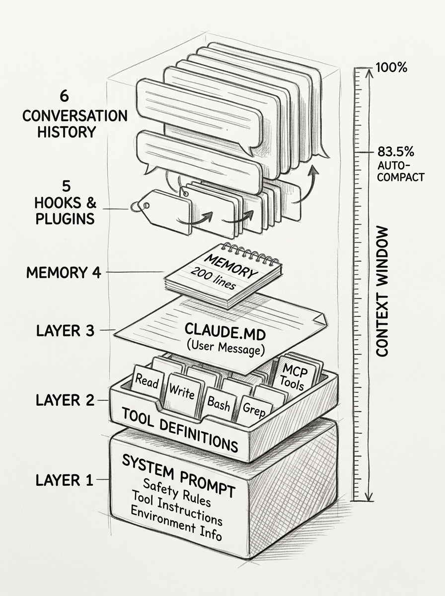 Hand-drawn pencil sketch showing six stacked layers of a context window, from system prompt at the bottom through tool definitions, CLAUDE.md, memory, hooks and plugins, to conversation history at the top. A ruler along the side marks the 83.5% auto-compact threshold.