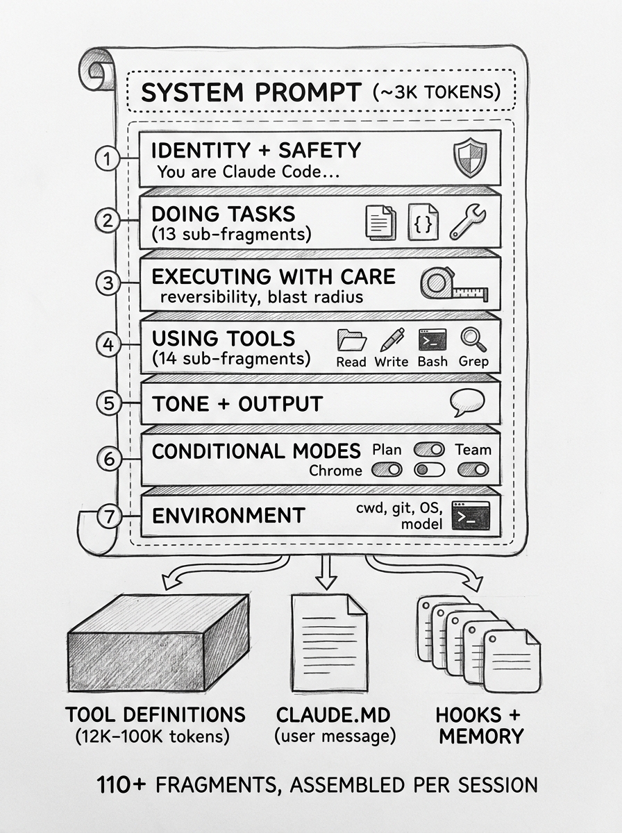 Hand-drawn pencil sketch showing a blueprint-style diagram of the system prompt structure. Seven horizontal sections stacked inside a dotted outline: Identity and Safety, Doing Tasks with 13 sub-fragments, Executing with Care, Using Tools with 14 sub-fragments, Tone and Output, Conditional Modes with toggles for Plan Auto Team Chrome, and Environment. Below the main box, three separate blocks: Tool Definitions at 12K-100K tokens, CLAUDE.MD as user message, and Hooks plus Memory. Footer reads 110+ fragments assembled per session.