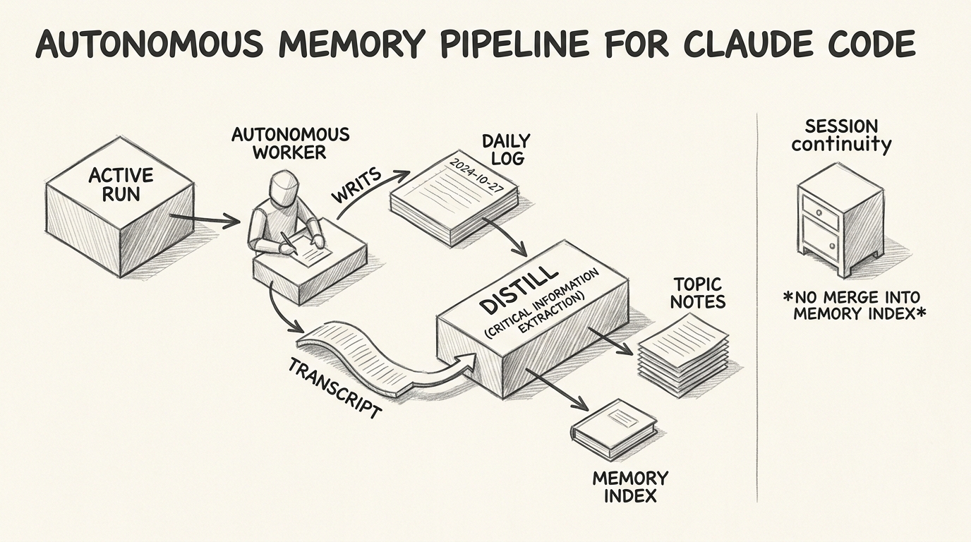 Hand-drawn pencil sketch technical comparison diagram with three side-by-side columns labeled Main Session, Subagent, and Agent Team Teammate. Each has its own context-window box. The main session connects to repo durable memory and session stack. The subagent has its own context box plus agent-scoped MEMORY path. The team teammate has its own full session box, shared task list, and access to repo/team durable memory but not the parent’s live continuity stack. Monochrome pencil schematic with clear arrows and labels.