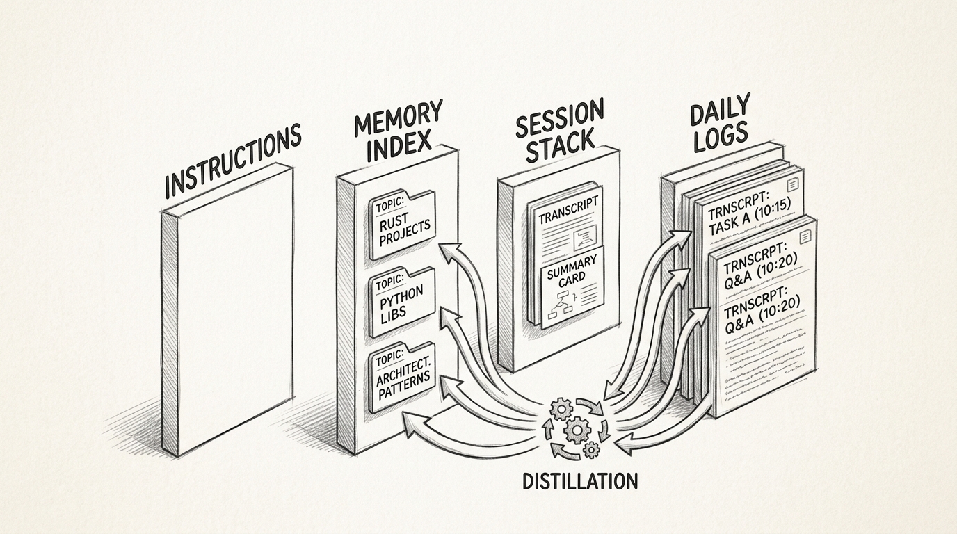 Hand-drawn pencil sketch technical architecture diagram showing four storage lanes. Left column: Instructions. Center-left: Durable Memory with MEMORY index and topic notes. Center-right: Session Continuity with transcript JSONL, summary markdown, away recap, compaction summary. Right column: Raw Capture with daily logs and transcript segments flowing into distillation. Arrows connect raw capture into durable memory. Clean monochrome pencil schematic on white paper with legible labels and folder icons.