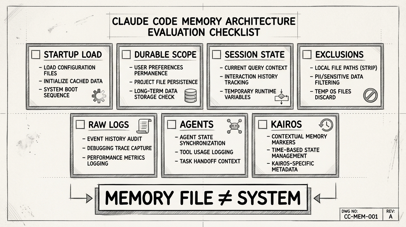 Hand-drawn pencil sketch technical pipeline diagram. Left: active autonomous session writes timestamped bullets into daily log files and transcript segments. Center: a distillation stage sorts, merges, and promotes selected items. Right: topic notes plus MEMORY index become durable memory. A side branch shows session continuity artifacts staying separate. Monochrome pencil schematic with folder/file icons, arrows, and date-based log tree.