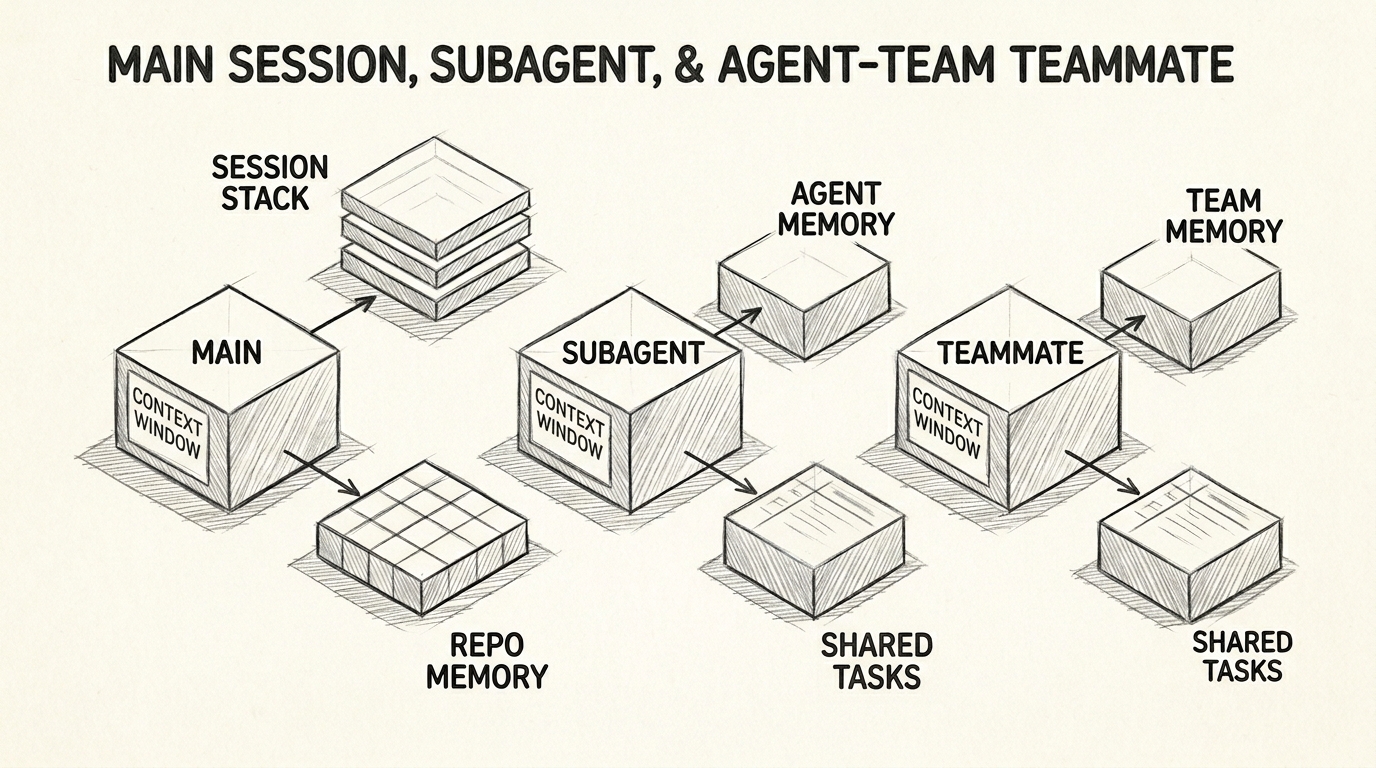 Hand-drawn pencil sketch technical checklist diagram. A blueprint-style board lists seven evaluation questions with icons for startup load, durable scope, session continuity, exclusions, raw capture, delegated workers, and autonomous mode. A final highlighted box at the bottom reads MEMORY FILE != MEMORY SYSTEM. Monochrome pencil schematic, white background, crisp lines, legible labels.
