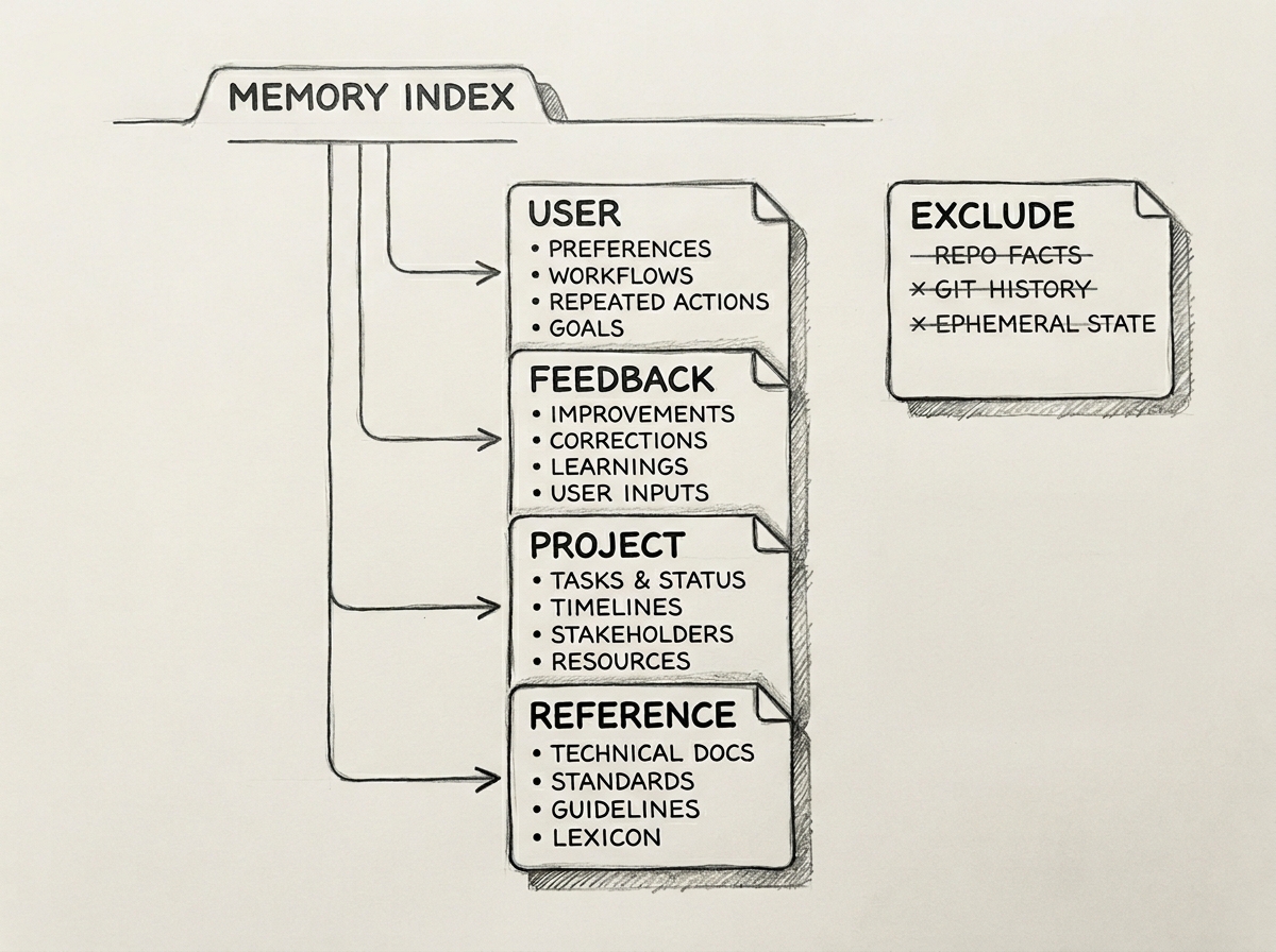Hand-drawn pencil sketch technical note-architecture diagram. A small MEMORY.md index file at the top points via arrows to four separate topic notes labeled user, feedback, project, and reference. A red side column lists excluded categories: repo structure, git history, ephemeral task state, code-derived facts. Monochrome pencil schematic, white background, legible labels, precise folder/file icons.