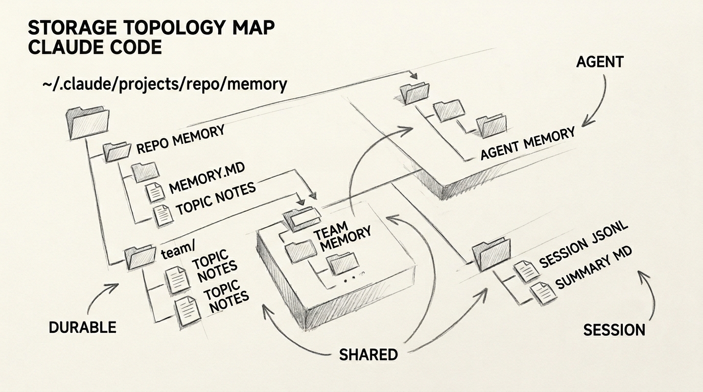 Hand-drawn pencil sketch technical continuity stack diagram. From top to bottom: session transcript JSONL, session-memory summary.md with structured fields, away-summary recap card, and compaction summary/boundary artifacts. Arrows show each feeding the next stage of continuity, while a separate durable-memory cabinet sits aside with no direct merge arrow. Monochrome pencil schematic with legible labels.