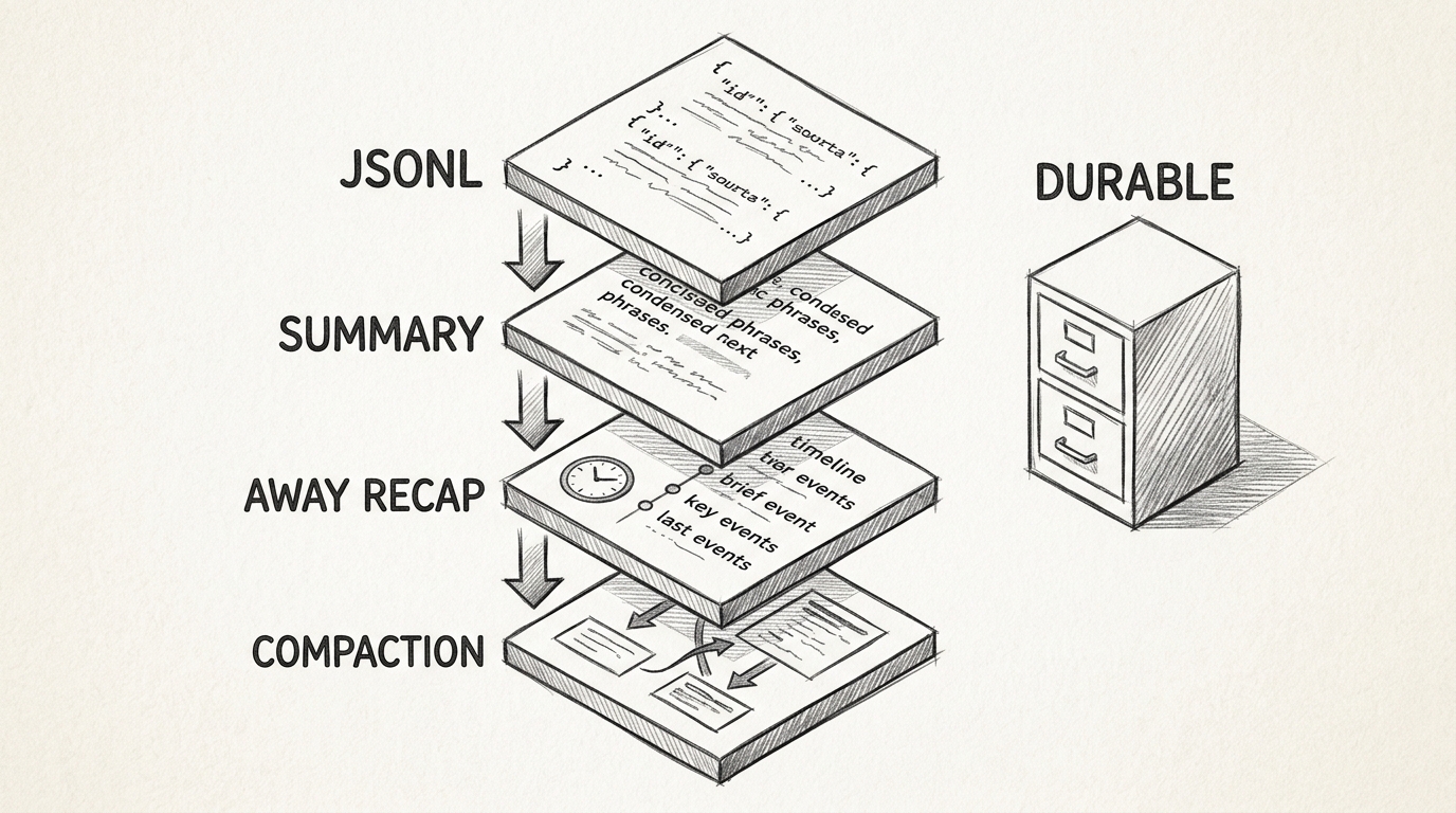 Hand-drawn pencil sketch technical file-tree diagram. Left side shows ~/.claude/projects/<repo>/memory/ with MEMORY.md, topic notes, and team/ subtree. Upper right shows ~/.claude/agent-memory/<agent-type>/MEMORY.md plus project and local agent-memory folders. Lower right shows <session-id>.jsonl and session-memory/summary.md in a session directory. Arrows label durable, shared, agent-scoped, and session-scoped storage. Clean monochrome pencil schematic with legible path labels.