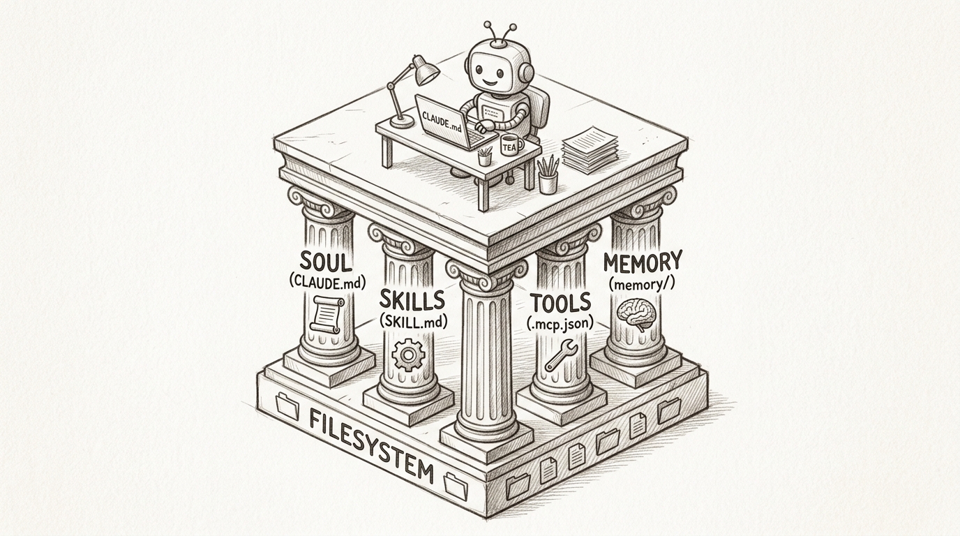 Hand-drawn pencil sketch showing four pillars holding up a platform labeled 