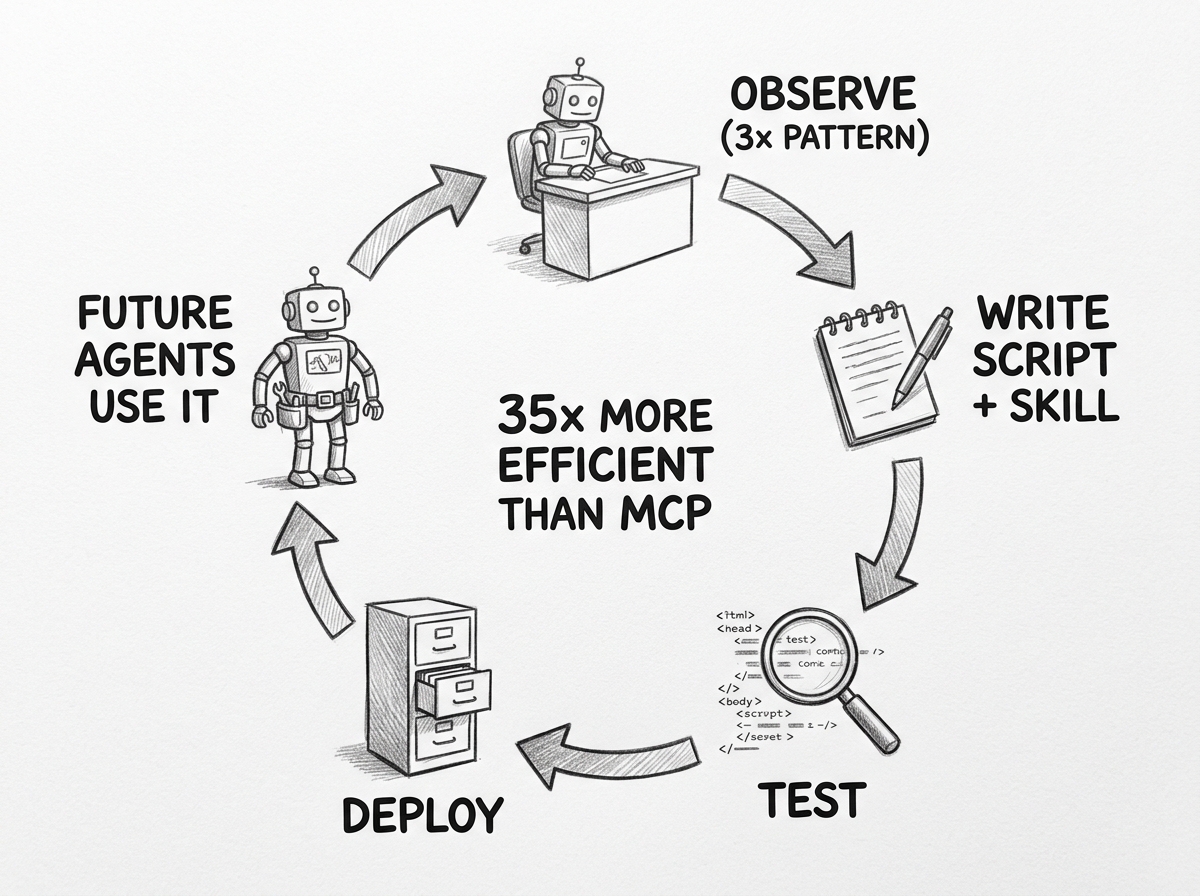 Hand-drawn pencil sketch showing a circular loop. Starting at the top: an agent at a desk labeled 